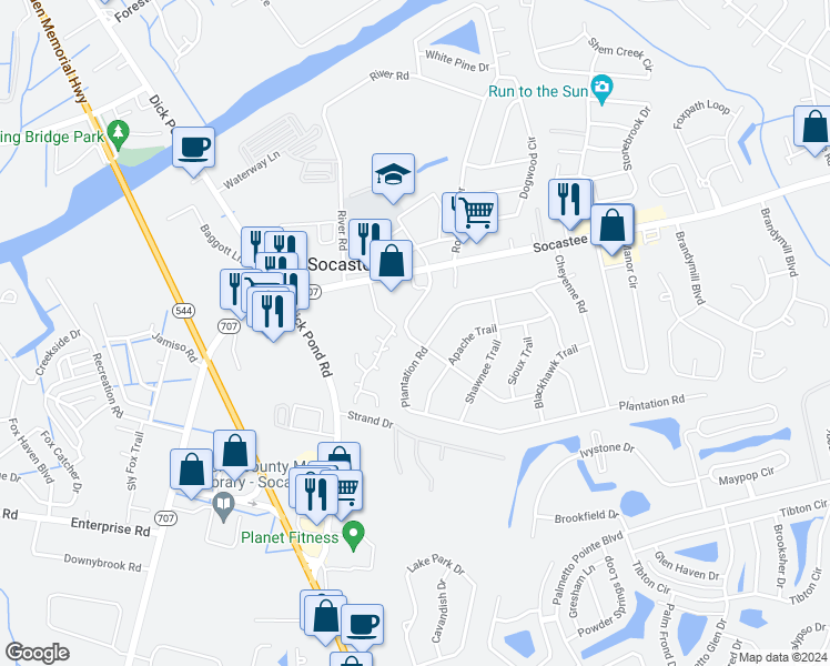map of restaurants, bars, coffee shops, grocery stores, and more near 115 Cimerron Drive in Myrtle Beach