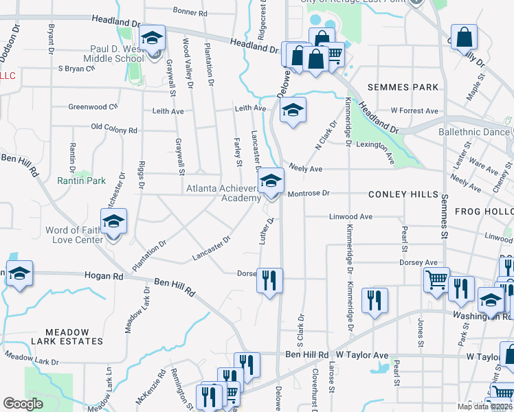 map of restaurants, bars, coffee shops, grocery stores, and more near 2722 Lancaster Drive in East Point