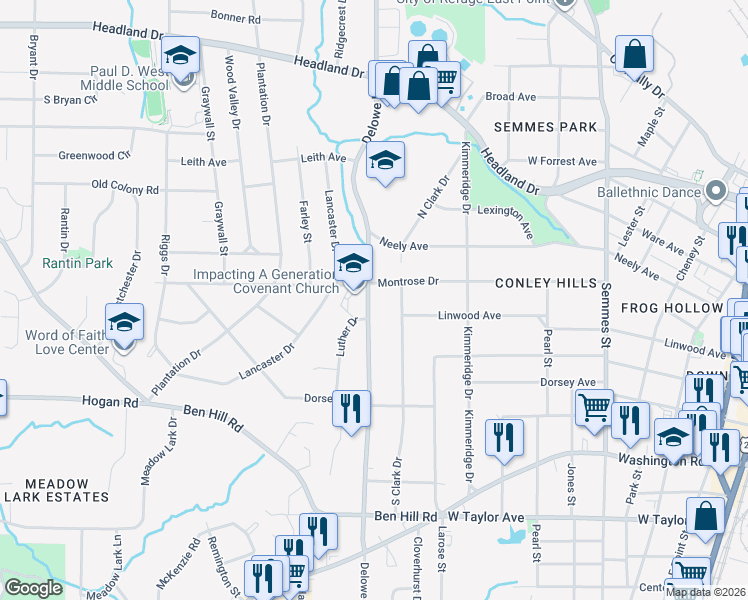map of restaurants, bars, coffee shops, grocery stores, and more near 2718 Delowe Drive in East Point