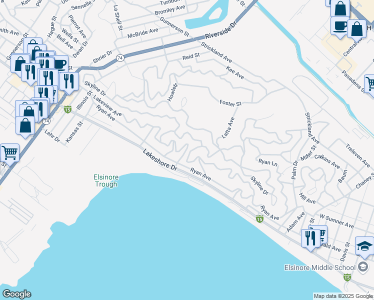 map of restaurants, bars, coffee shops, grocery stores, and more near Cowell Street in Lake Elsinore