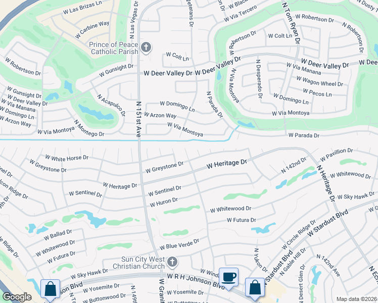 map of restaurants, bars, coffee shops, grocery stores, and more near 21601 North 147th Drive in Sun City West