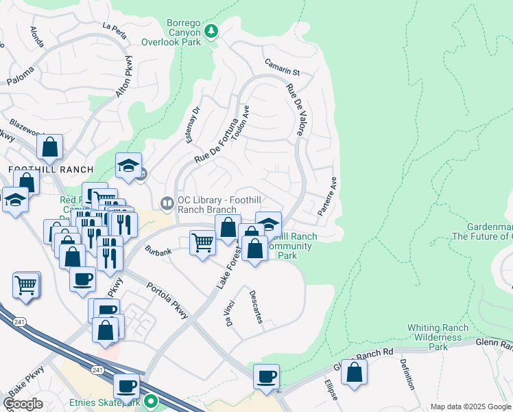 map of restaurants, bars, coffee shops, grocery stores, and more near 19431 Rue De Valore in Lake Forest