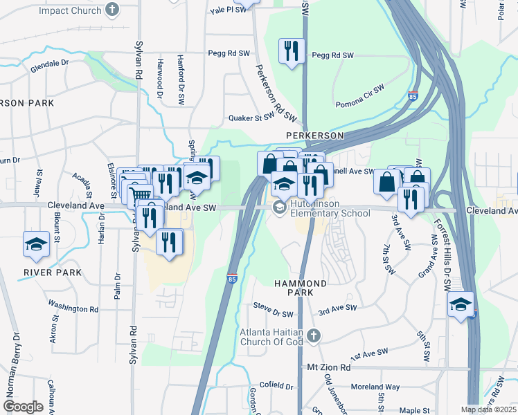 map of restaurants, bars, coffee shops, grocery stores, and more near 650 Cleveland Avenue Southwest in Atlanta