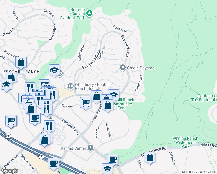 map of restaurants, bars, coffee shops, grocery stores, and more near 19405 Rue De Valore in Lake Forest