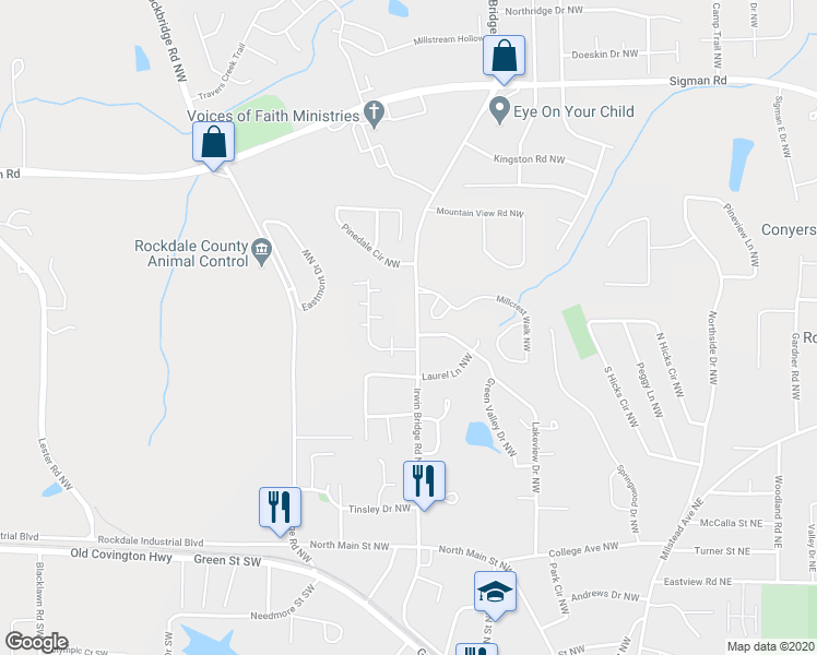map of restaurants, bars, coffee shops, grocery stores, and more near 1410 Irwin Bridge Road Northwest in Conyers