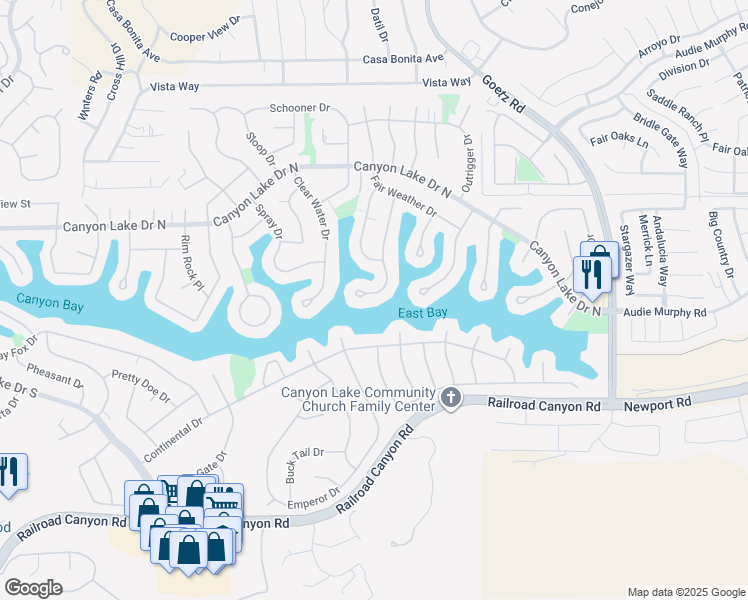map of restaurants, bars, coffee shops, grocery stores, and more near 30360 Point Marina Drive in Canyon Lake