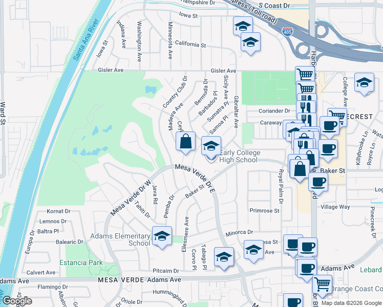 map of restaurants, bars, coffee shops, grocery stores, and more near 3025 Samoa Place in Costa Mesa