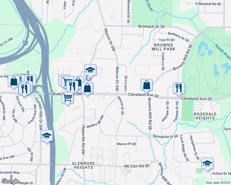 map of restaurants, bars, coffee shops, grocery stores, and more near 1 Cleveland Avenue Southwest in Atlanta