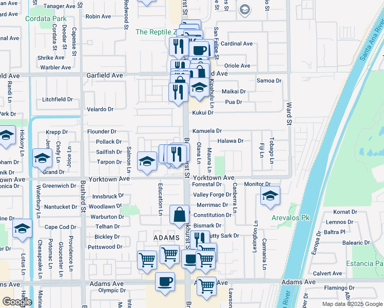 map of restaurants, bars, coffee shops, grocery stores, and more near 19362 Brookhurst Street in Huntington Beach