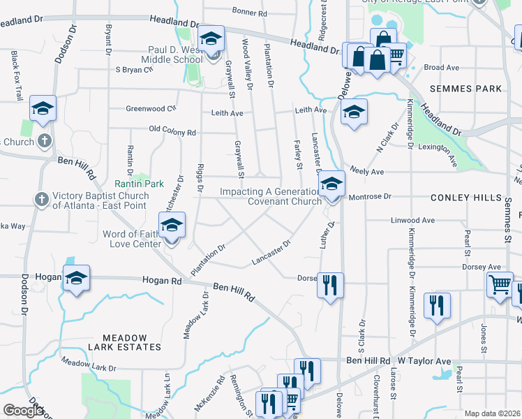 map of restaurants, bars, coffee shops, grocery stores, and more near 2723 Plantation Drive in East Point