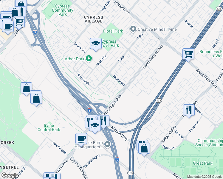 map of restaurants, bars, coffee shops, grocery stores, and more near 87 Evening Sun in Irvine