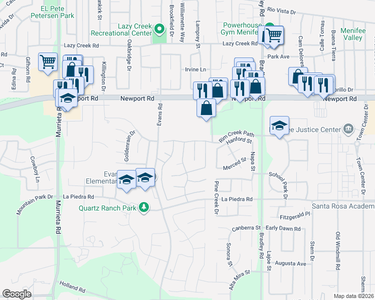 map of restaurants, bars, coffee shops, grocery stores, and more near 30282 Silicate Drive in Menifee