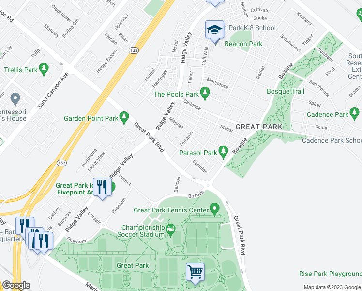 map of restaurants, bars, coffee shops, grocery stores, and more near 179 Terrapin in Irvine