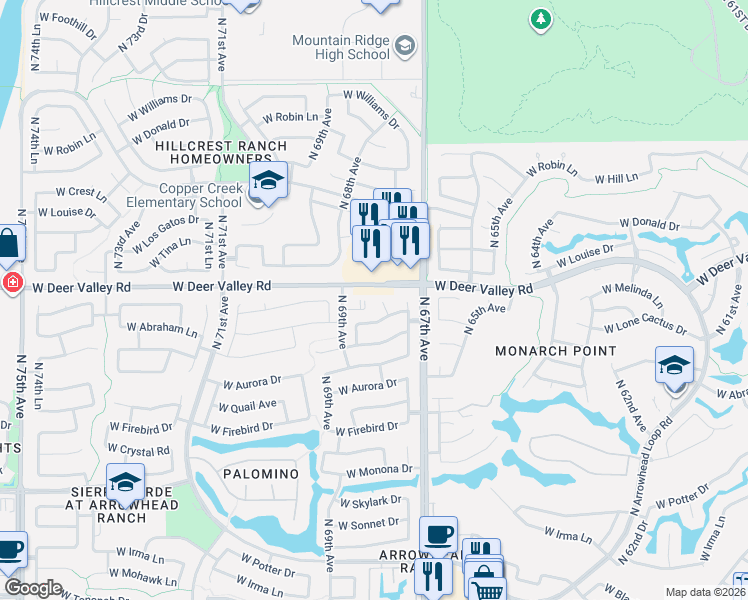 map of restaurants, bars, coffee shops, grocery stores, and more near 21703 North 67th Lane in Glendale
