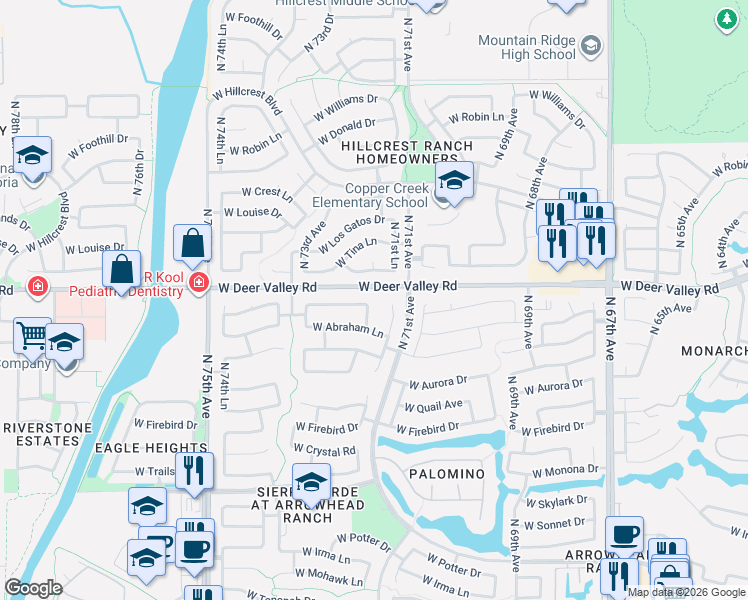 map of restaurants, bars, coffee shops, grocery stores, and more near 7205 West Melinda Lane in Glendale