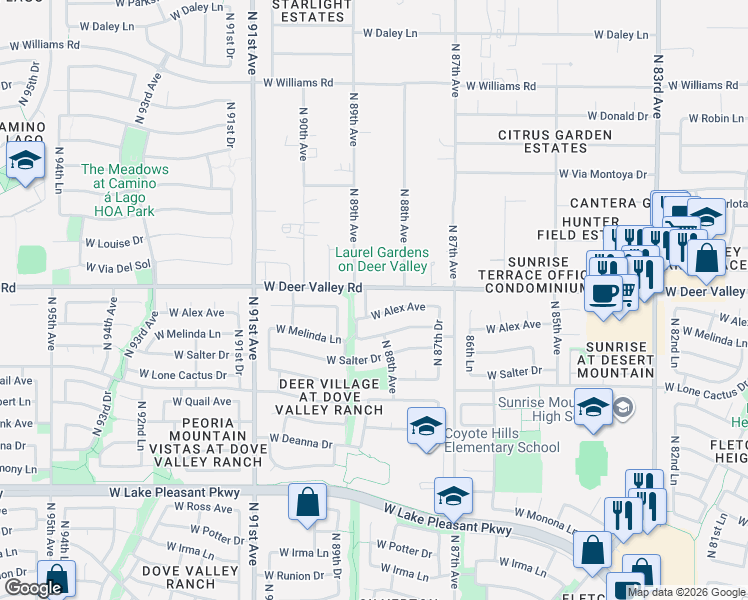 map of restaurants, bars, coffee shops, grocery stores, and more near 8776 West Alex Avenue in Peoria