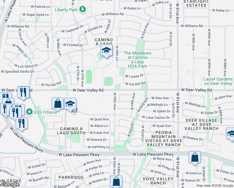 map of restaurants, bars, coffee shops, grocery stores, and more near 9445 West Alex Avenue in Peoria