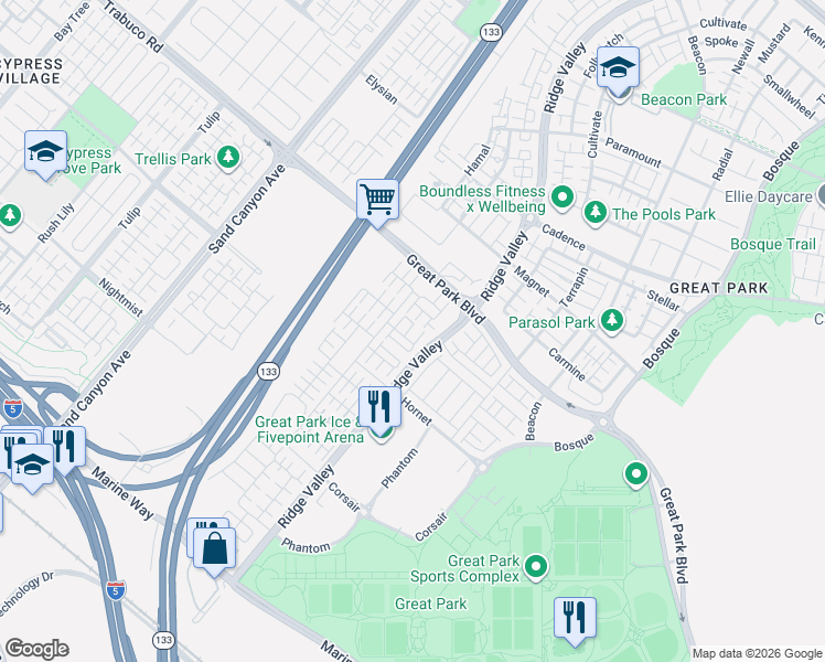 map of restaurants, bars, coffee shops, grocery stores, and more near 112 Tubeflower in Irvine