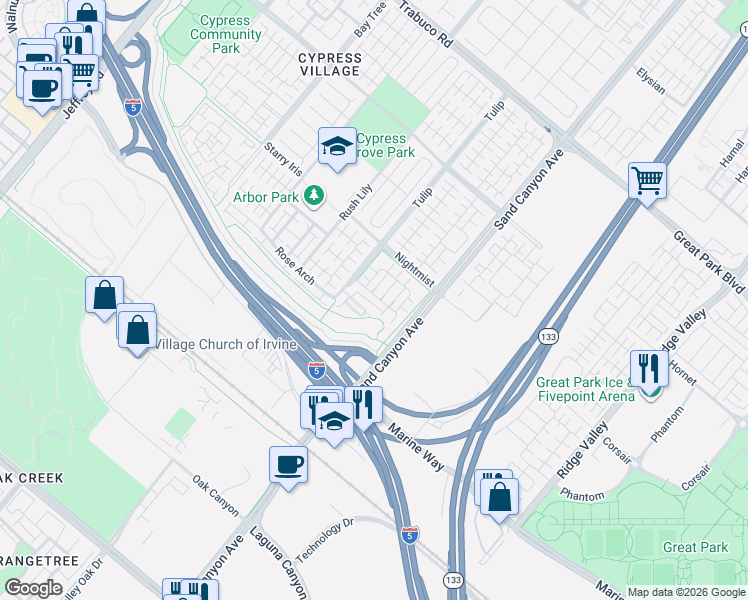 map of restaurants, bars, coffee shops, grocery stores, and more near 167 Jade Flower in Irvine
