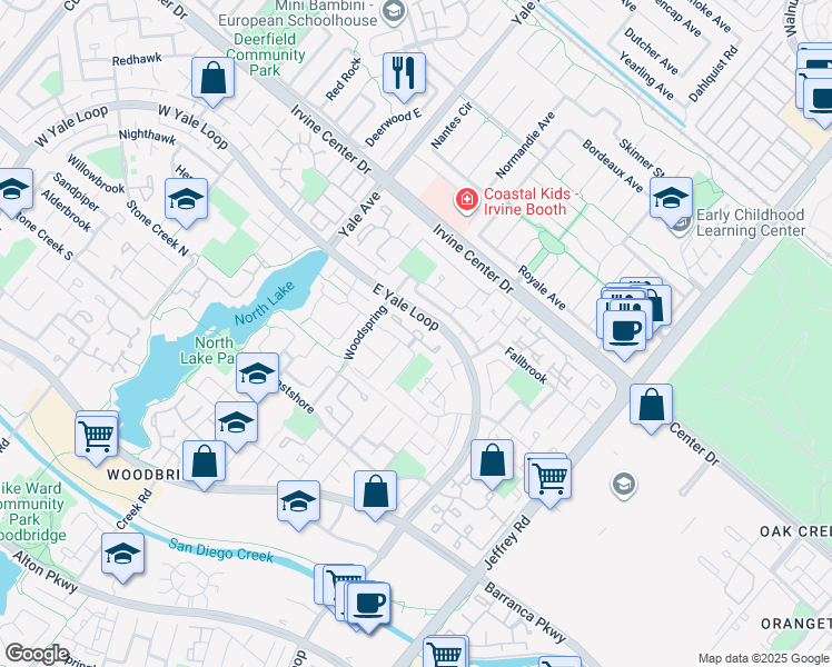 map of restaurants, bars, coffee shops, grocery stores, and more near 1 Rockwren in Irvine