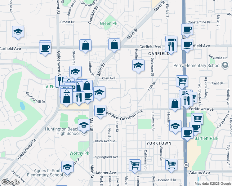 map of restaurants, bars, coffee shops, grocery stores, and more near 7492 Seabluff Drive in Huntington Beach