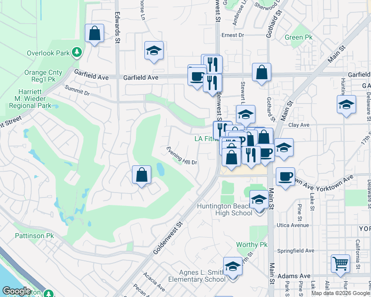 map of restaurants, bars, coffee shops, grocery stores, and more near 6771 Evening Hill Drive in Huntington Beach
