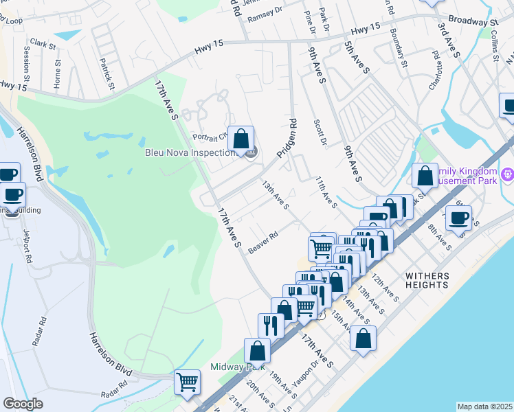 map of restaurants, bars, coffee shops, grocery stores, and more near 702 Beach Walk Place in Myrtle Beach