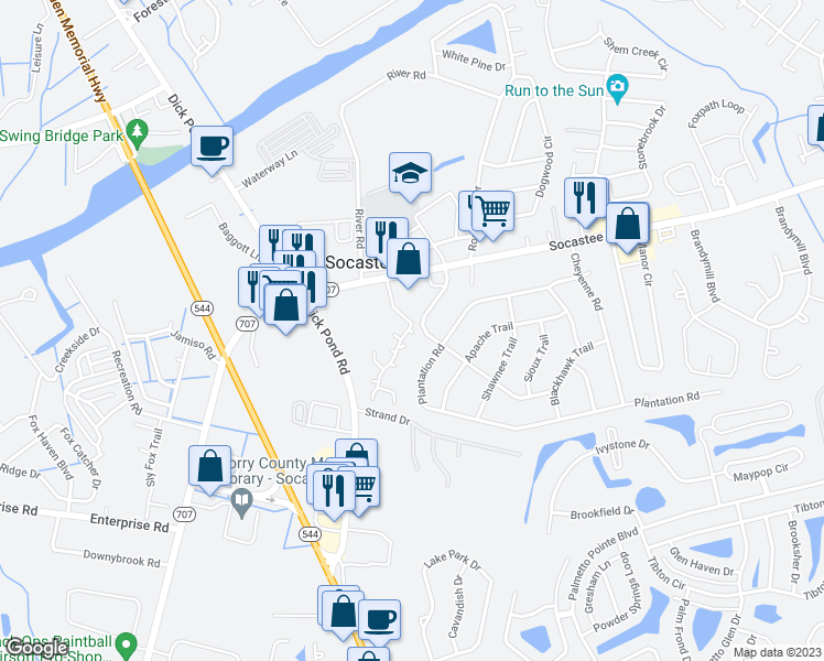 map of restaurants, bars, coffee shops, grocery stores, and more near 115 Cimerron Drive in Myrtle Beach