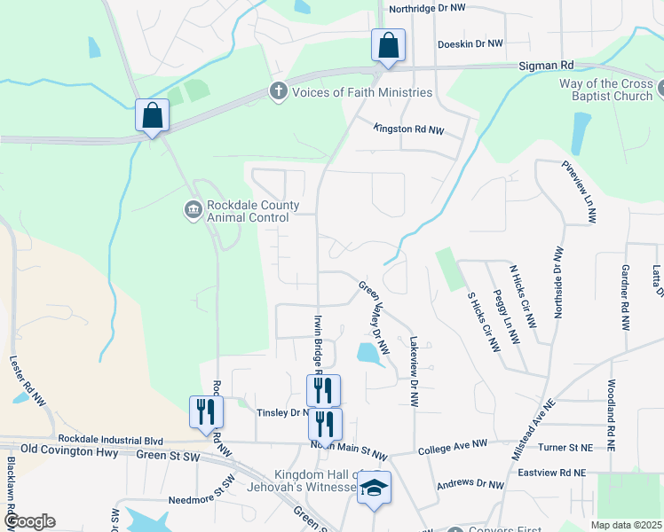 map of restaurants, bars, coffee shops, grocery stores, and more near 1106b Green Valley Drive Northwest in Conyers