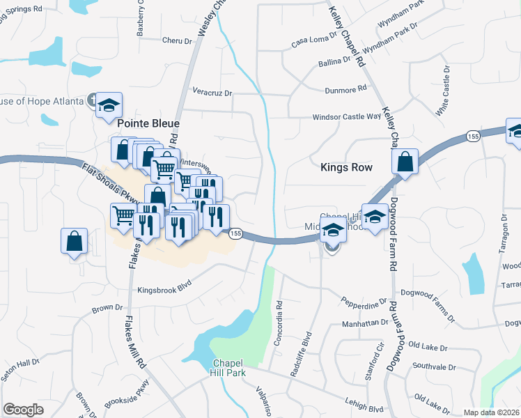 map of restaurants, bars, coffee shops, grocery stores, and more near 4148 Pinehurst Valley Drive in Decatur