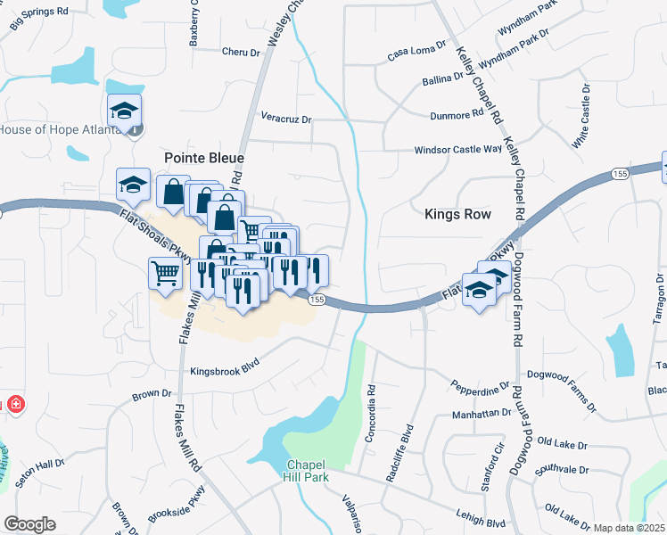 map of restaurants, bars, coffee shops, grocery stores, and more near 4147 Pinehurst Valley Drive in Decatur