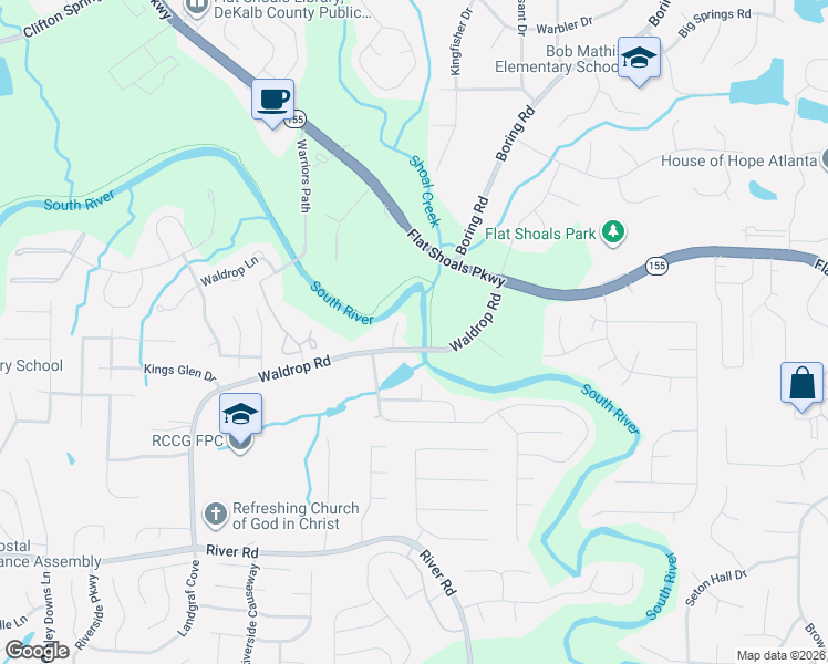 map of restaurants, bars, coffee shops, grocery stores, and more near 3690 Waldrop Cliff Lane in Decatur