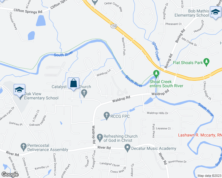 map of restaurants, bars, coffee shops, grocery stores, and more near 3490 Kingswood Trail in Decatur