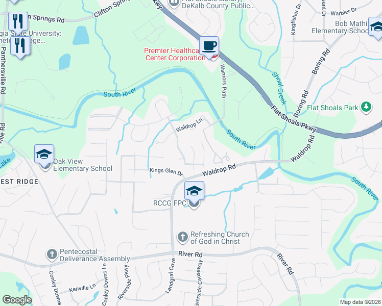 map of restaurants, bars, coffee shops, grocery stores, and more near 3490 Kingswood Trail in Decatur