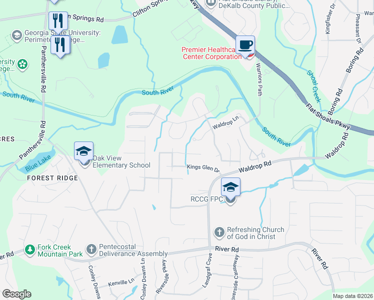 map of restaurants, bars, coffee shops, grocery stores, and more near 3135 Kings Glen Trail in Decatur