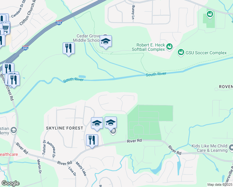 map of restaurants, bars, coffee shops, grocery stores, and more near 3668 Deer Springs Parkway in Ellenwood