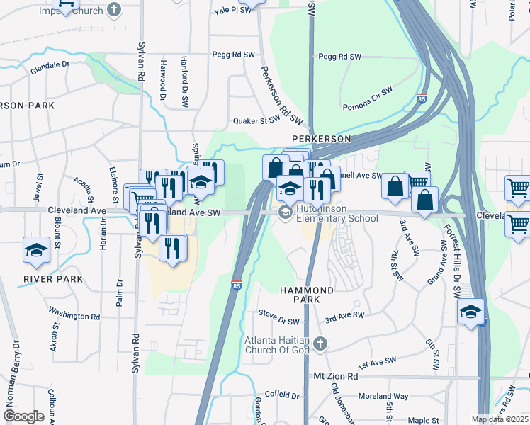 map of restaurants, bars, coffee shops, grocery stores, and more near Cleveland Ave SW in Atlanta