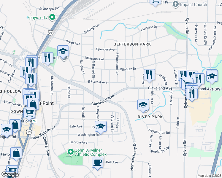 map of restaurants, bars, coffee shops, grocery stores, and more near 1223 Cleveland Avenue in East Point