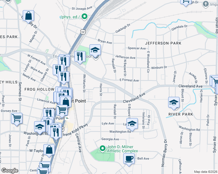 map of restaurants, bars, coffee shops, grocery stores, and more near 1404 Fulton Avenue in East Point