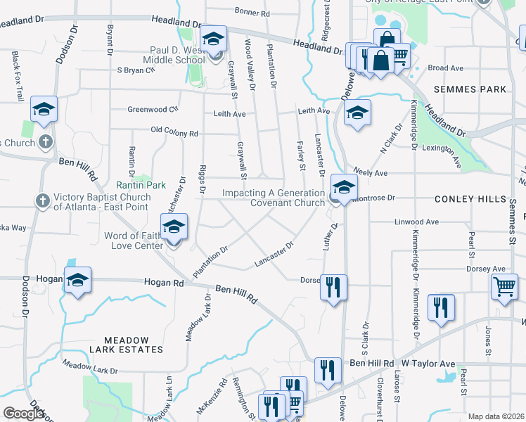 map of restaurants, bars, coffee shops, grocery stores, and more near 2723 Plantation Drive in East Point