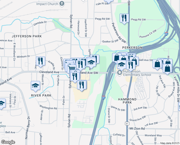 map of restaurants, bars, coffee shops, grocery stores, and more near Cleveland Ave SW & Springdale Rd SW in Atlanta