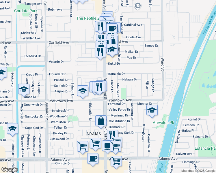 map of restaurants, bars, coffee shops, grocery stores, and more near 19362 Brookhurst Street in Huntington Beach