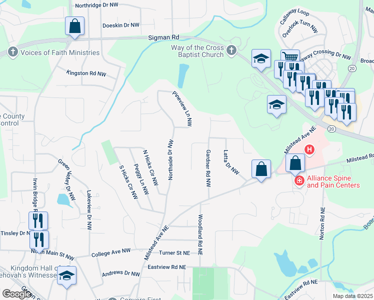 map of restaurants, bars, coffee shops, grocery stores, and more near 1430 Honeysuckle Drive Northwest in Conyers