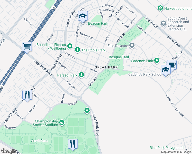 map of restaurants, bars, coffee shops, grocery stores, and more near 109 Bosque in Irvine