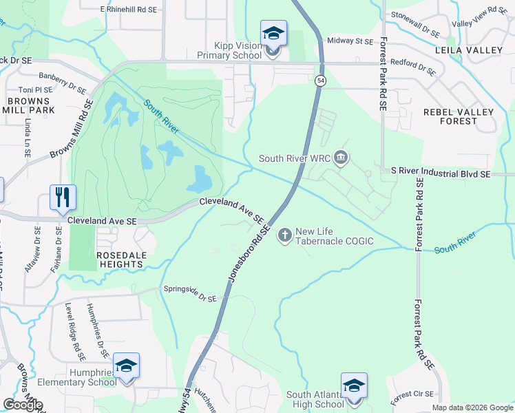 map of restaurants, bars, coffee shops, grocery stores, and more near 500 Cleveland Avenue Southeast in Atlanta