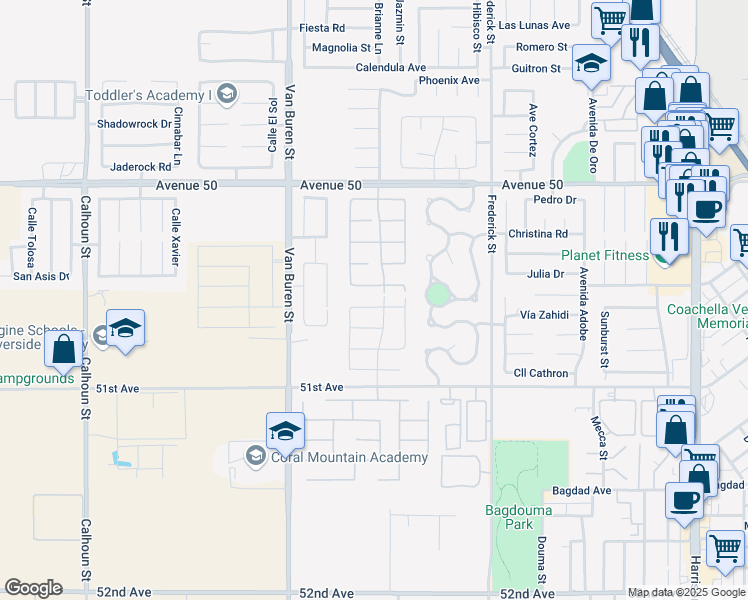 map of restaurants, bars, coffee shops, grocery stores, and more near 84448 Calle Rodriguez in Coachella
