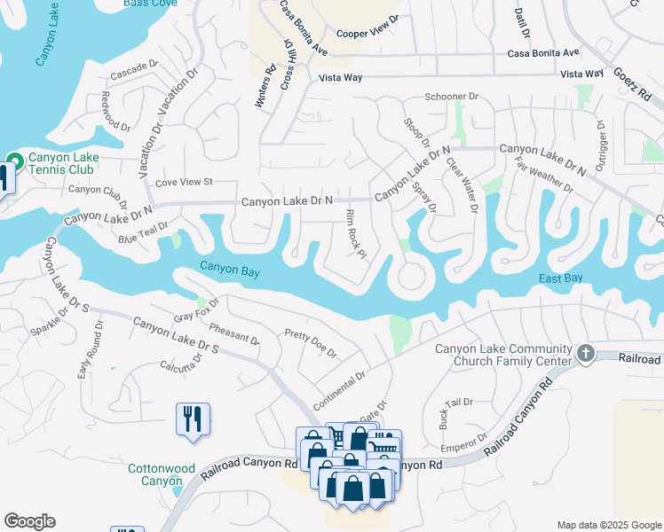 map of restaurants, bars, coffee shops, grocery stores, and more near 30340 Channel Way Drive in Canyon Lake