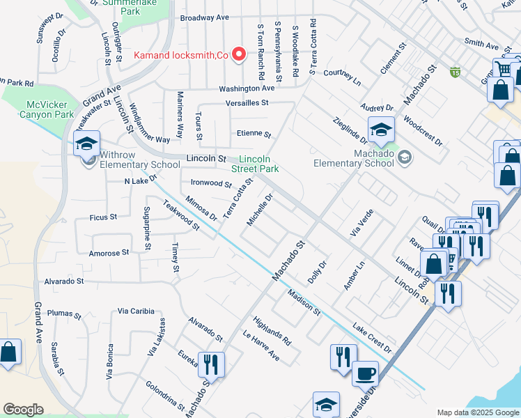 map of restaurants, bars, coffee shops, grocery stores, and more near 32138 Michelle Drive in Lake Elsinore