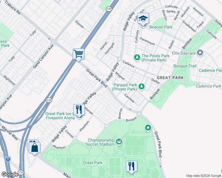 map of restaurants, bars, coffee shops, grocery stores, and more near Great Park Boulevard in Irvine