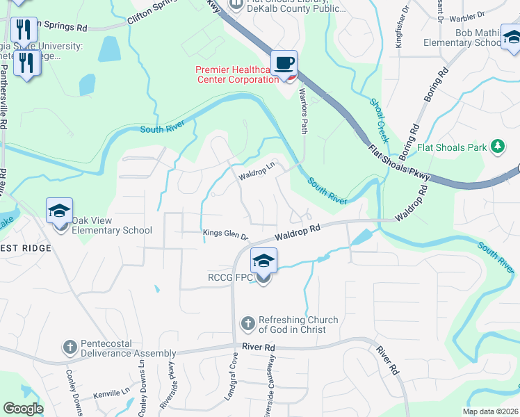 map of restaurants, bars, coffee shops, grocery stores, and more near 3490 Kingswood Trail in Decatur